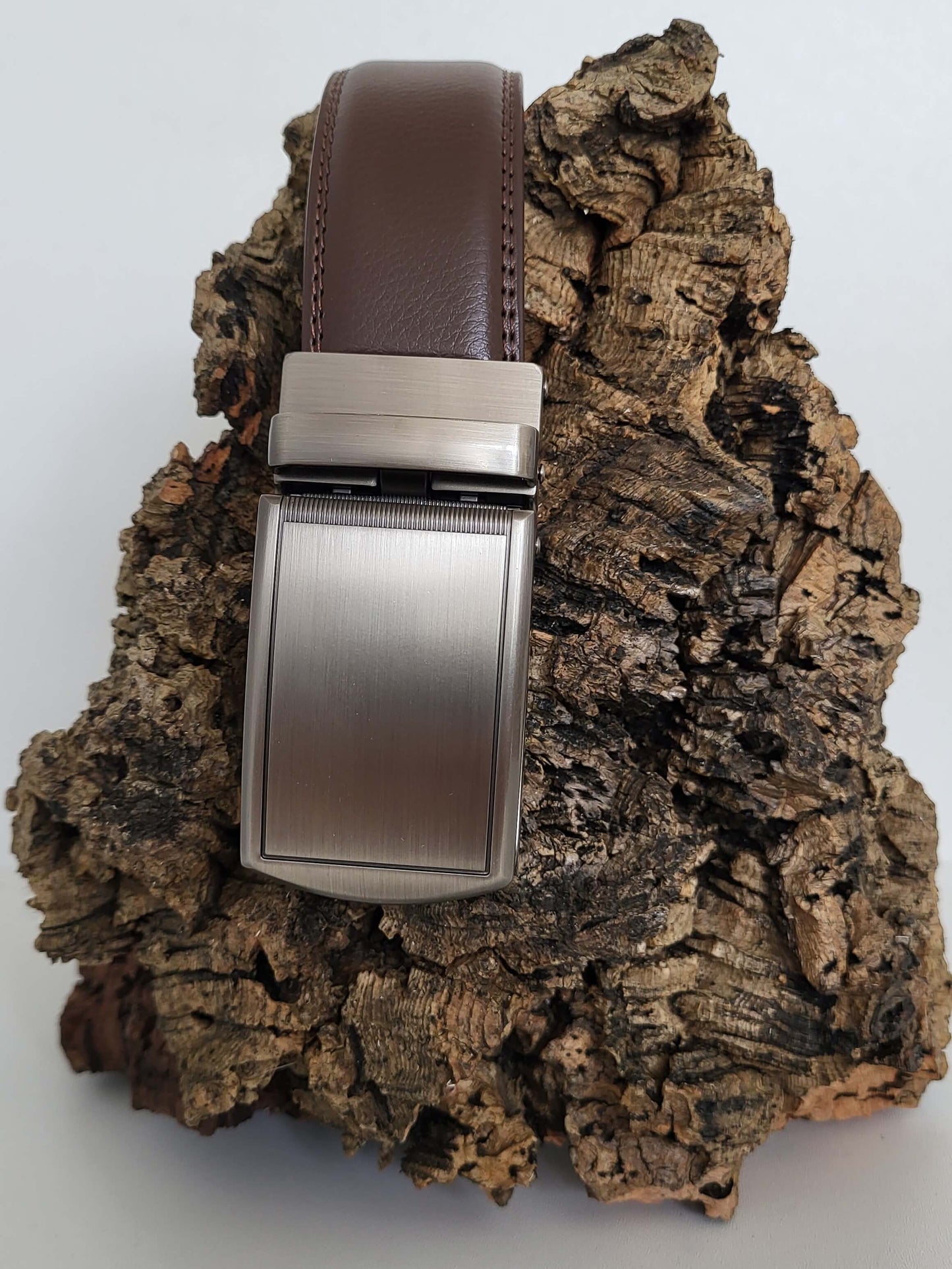 Brown Leather Belt with Automatic Silver Buckle