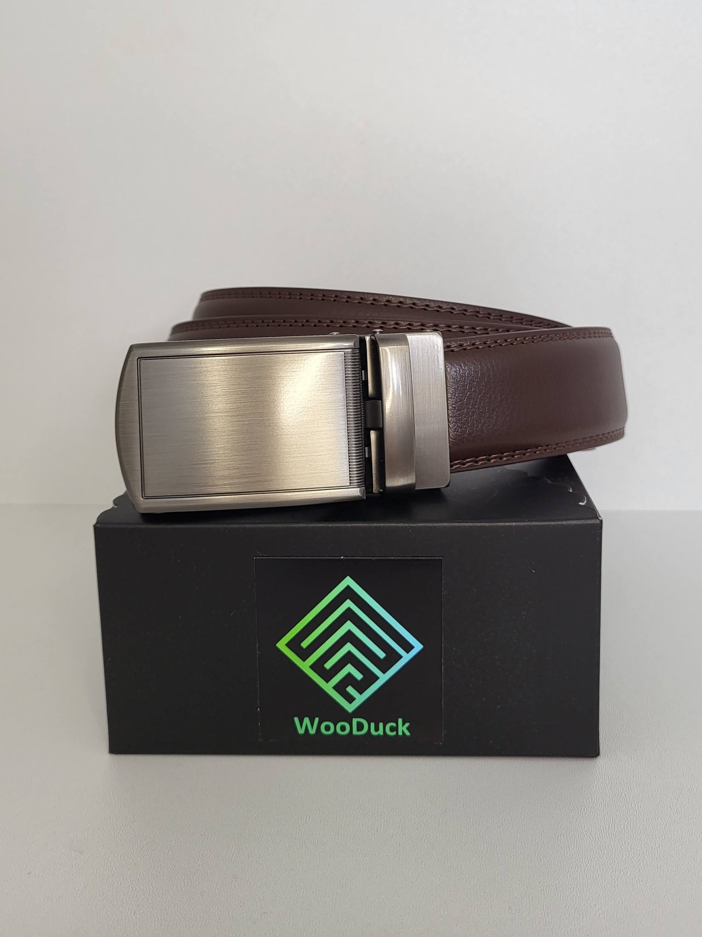 Brown Leather Belt with Automatic Silver Buckle