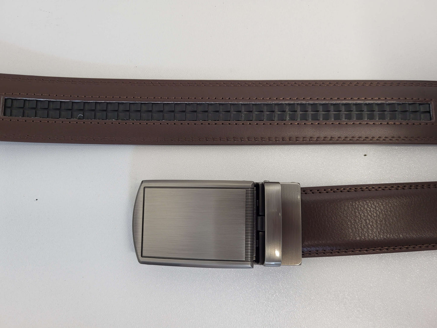 Brown Leather Belt with Automatic Silver Buckle